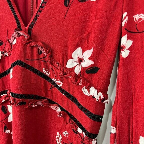 Bardot Red Floral Long Sleeve Mini Dress 4 XS - Picture 2 of 8
